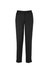 A pair of women's slim leg pants in black, featuring a flat front and a button closure, with a branded logo.