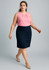 A woman in a pink top and navy blue skirt walks confidently, showcasing the relaxed fit lined skirt.