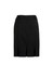 A black multi-pleat skirt featuring a zip closure and a sleek design, with a logo on the waistband.
