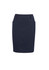 A women's cool stretch multi-pleat skirt in navy blue with a tailored design and pockets. It has a logo.