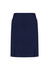 A navy straight skirt featuring front pleat details and a sleek design. Includes branding.