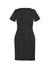 A black short sleeve shift dress featuring a fitted design and back zip closure. It has a branding logo.
