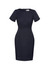 A fitted women's short sleeve shift dress in navy blue with a crew neckline and a tailored design.