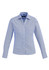 A light blue women's button-up shirt with long sleeves and a collared neckline, featuring a logo.