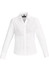 A white long-sleeve button-up shirt for women with a fitted design and a logo on the collar.