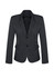 A women's mid-length jacket in dark grey, featuring a two-button closure and a fitted silhouette.