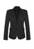 A black mid-length women's blazer featuring a two-button front and structured design. It has pockets and a logo.