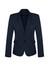A dark navy women's mid-length jacket featuring a two-button front, notch lapels, and a fitted silhouette.