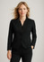 A women’s black comfort wool stretch short jacket with a reverse lapel and fitted design, featuring a logo.