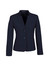 A women's navy wool stretch short jacket featuring a reverse lapel and two buttons, with a logo on the interior.