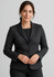 A mid-length women's jacket in black with a two-button design and tailored fit. Features branding on the label.
