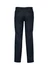 A pair of navy flat front pants for men, featuring a sleek design and two back pockets.