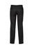 A pair of black flat front men's slacks featuring a sleek design and back pockets.