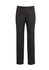 A pair of black flat front slacks featuring a sleek design and a logo on the waistband.
