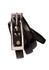 A black semi-patent belt with a shiny finish and a metallic buckle, featuring a logo on the buckle.
