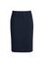 A navy knee-length skirt with a fitted design and two front pockets. It features a logo on the waistband.