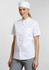 A white short sleeve chef shirt with a stand collar and buttons, paired with a matching chef's hat.