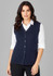 A navy blue button front knit vest with a classic v-neck and two front pockets, worn over a white shirt.