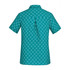 A women's short sleeve shirt featuring a teal background with a white daisy print and a back pleat detail.