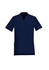 A navy blue women's tunic featuring a mandarin collar, short sleeves, and front button detailing with side pockets.