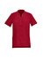 A red women's tunic featuring short sleeves, a mandarin collar, and a three-button placket. It has two front pockets.