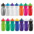 A drink bottle collection featuring various colours including silver, white, orange, pink, green, purple, and black, with logos.