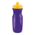 A drink bottle in purple with a yellow lid, featuring a curved design and a logo.