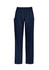 Navy women's scrub pants featuring an elastic waistband and side pockets, with a logo present.