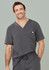 A man wearing a grey V-neck scrub top with a pocket. The scrub top features a loose fit and casual style.