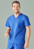 A blue unisex scrub top featuring a pocket and a logo, designed for healthcare professionals.