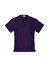 A purple scrub top with a v-neck design and short sleeves, featuring side pockets and a branding logo.