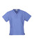 A short-sleeved scrub top in a light blue colour with a V-neck and two front pockets. It features a logo.