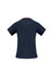 A navy scrub top with short sleeves, featuring a contrast detail along the neckline and a logo.