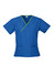 Classic women's scrub top in blue with green contrast detailing. Features a crossover design and two pockets.
