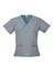 A grey scrub top with contrast turquoise detailing and a crossover design, featuring short sleeves and pockets.