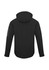 A black soft shell jacket featuring a hood and a logo on the sleeve. The back view highlights its sleek design.