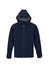 A navy soft shell jacket with a hood, featuring a zip front and side pockets. It includes a logo on the sleeve.