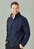 A navy soft shell jacket with a zippered front and side pockets, featuring a collar and a logo.