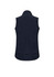 A navy women's vest with a collar and a fitted design, featuring a branding logo.