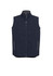 A men's vest in navy featuring a zip front, high collar, and zippered side pockets. It has a branding logo.