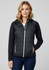 A stylish black women's puffer jacket with a hood, featuring zippered pockets and a fitted design.
