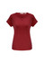 A maroon women's short sleeve top with a crossover neckline, featuring a logo on the label.