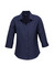 A navy blue ladies' 3/4 sleeve shirt with a collar and buttons, featuring a logo on the label.