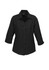 A black women's 3/4 sleeve shirt featuring a collared neckline and button-down front, with a logo on the label.