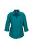 A teal women's 3/4 sleeve shirt with a collared neckline and button-up front. It has a logo on the tag.