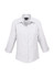 A white women's shirt with 3/4 sleeves and a collared neckline, featuring a logo.