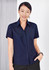 A navy plain short sleeve button-up shirt for women, featuring a collared neckline and a slim fit.