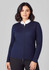 A navy women's 2-way zip cardigan featuring a white collar, with a fitted design and long sleeves.