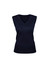 A navy women's vest with a V-neck and sleeveless design, featuring a fitted ribbed hem and a logo.