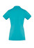 A women's short sleeve polo shirt in a bright turquoise colour, featuring a simple design and a collar.